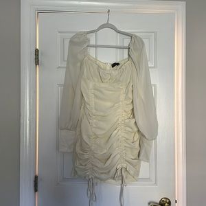 PLT Cream Beige Ruched Dress with Puff Sleeves